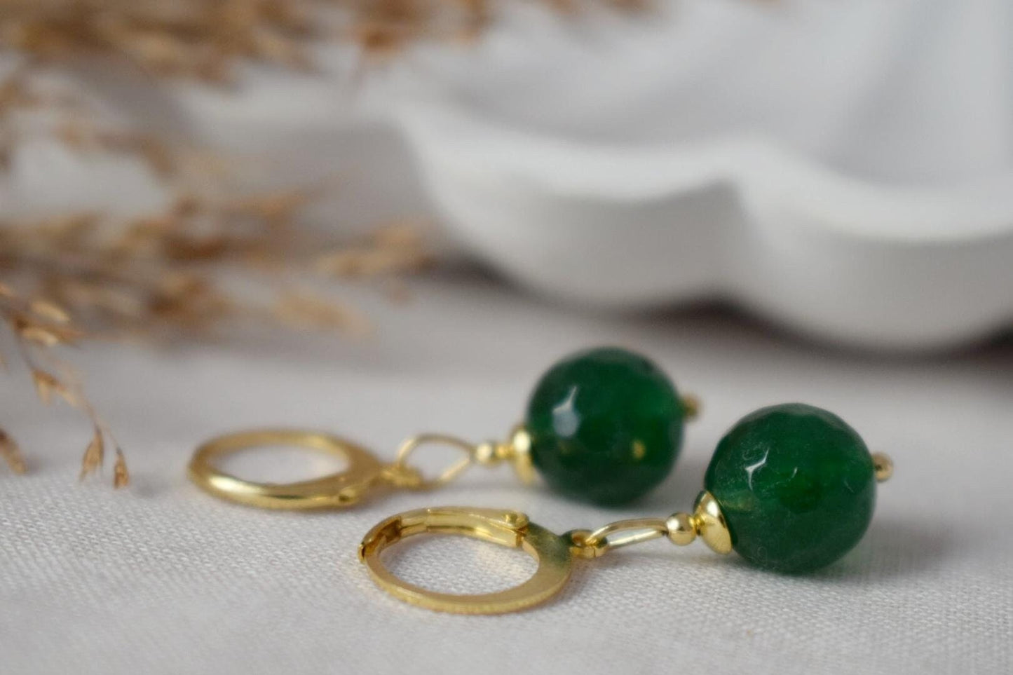 Dark green jade hoop earrings, Gemstone Creole, 24k gold plated stainless steel, Emerald green, Minimalist, Boho jewelry, Handmade Gift