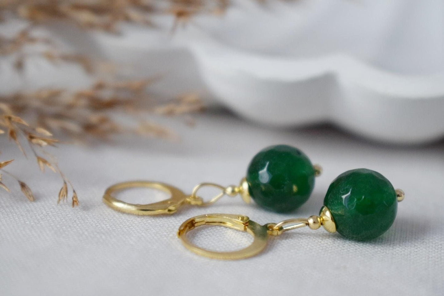 Dark green jade hoop earrings, Gemstone Creole, 24k gold plated stainless steel, Emerald green, Minimalist, Boho jewelry, Handmade Gift