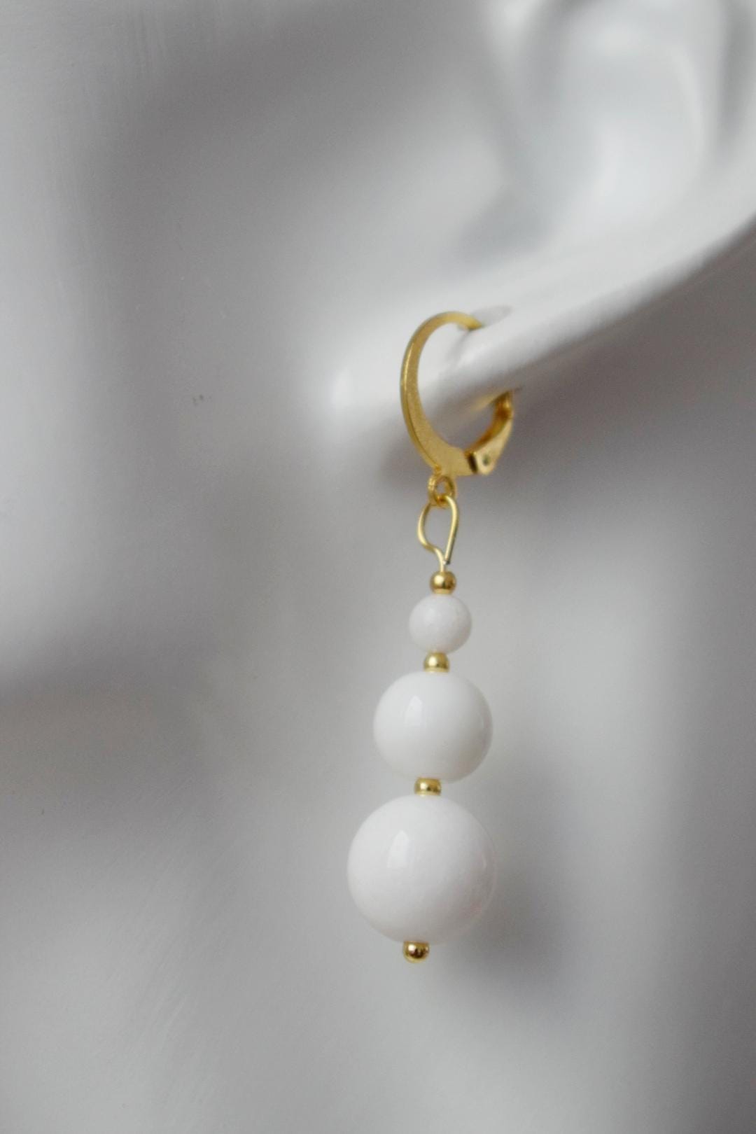 White Jade Dangle Earrings, 24k Gold Plated Hoop, Minimalist Boho Chic Jewelry, Handmade Gemstone Earrings, Elegant Gift for Her