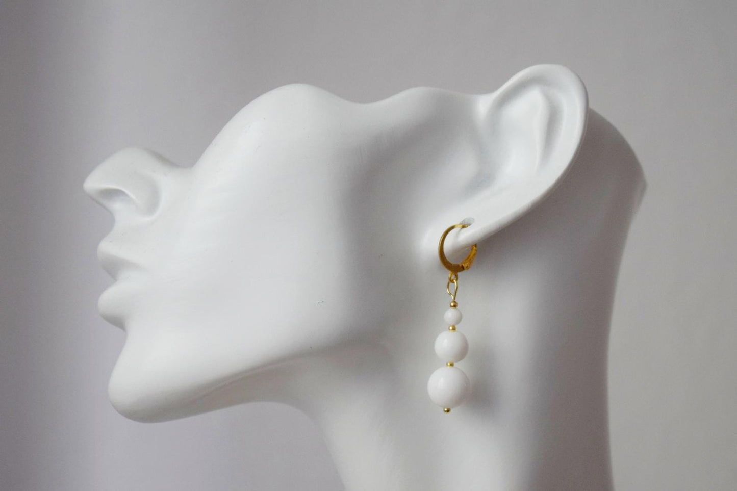 White Jade Dangle Earrings, 24k Gold Plated Hoop, Minimalist Boho Chic Jewelry, Handmade Gemstone Earrings, Elegant Gift for Her