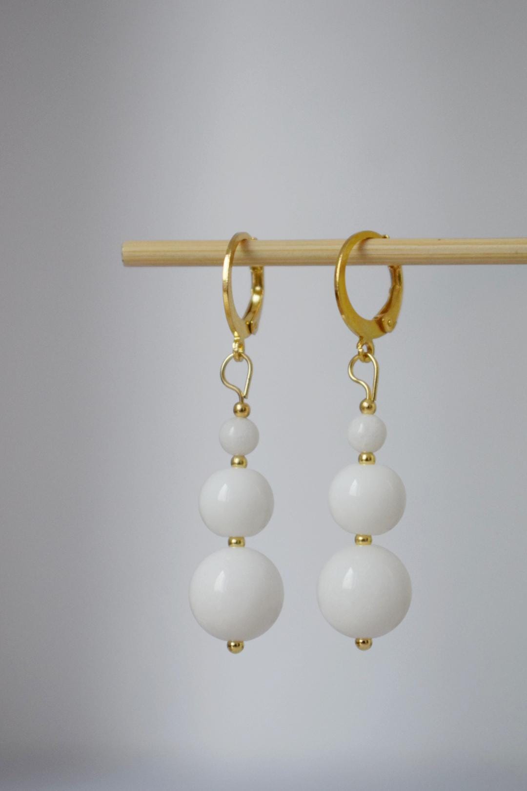 White Jade Dangle Earrings, 24k Gold Plated Hoop, Minimalist Boho Chic Jewelry, Handmade Gemstone Earrings, Elegant Gift for Her