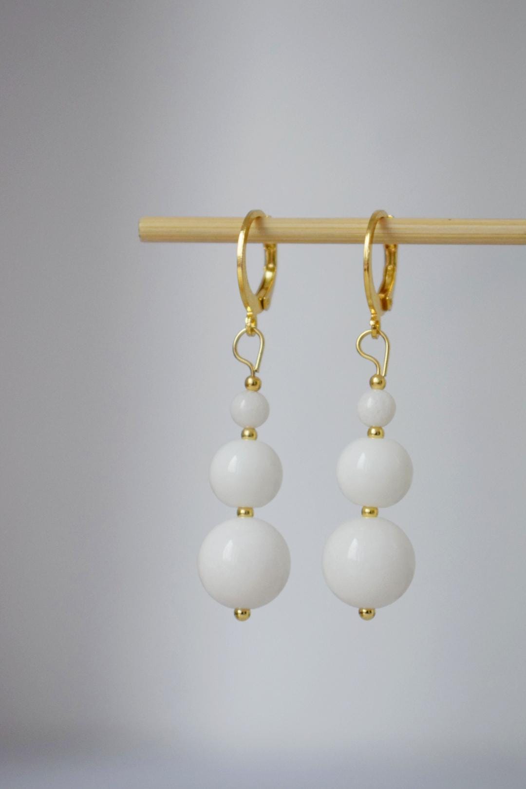 White Jade Dangle Earrings, 24k Gold Plated Hoop, Minimalist Boho Chic Jewelry, Handmade Gemstone Earrings, Elegant Gift for Her