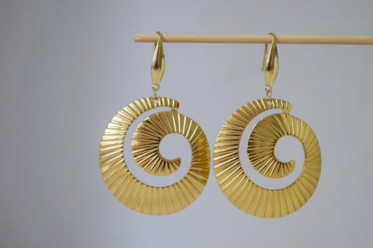 Spiral dangle earrings for women, Long statement vortex earrings, 18k gold plated surgical stainless steel, Boho jewelry, Unique gift her