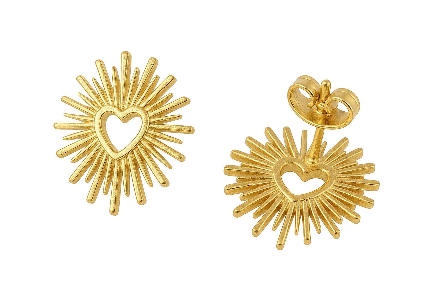 Sunburst Heart Stud Earrings, 18K Gold Plated, Lightweight Boho Jewelry, Gift Unique Jewelry