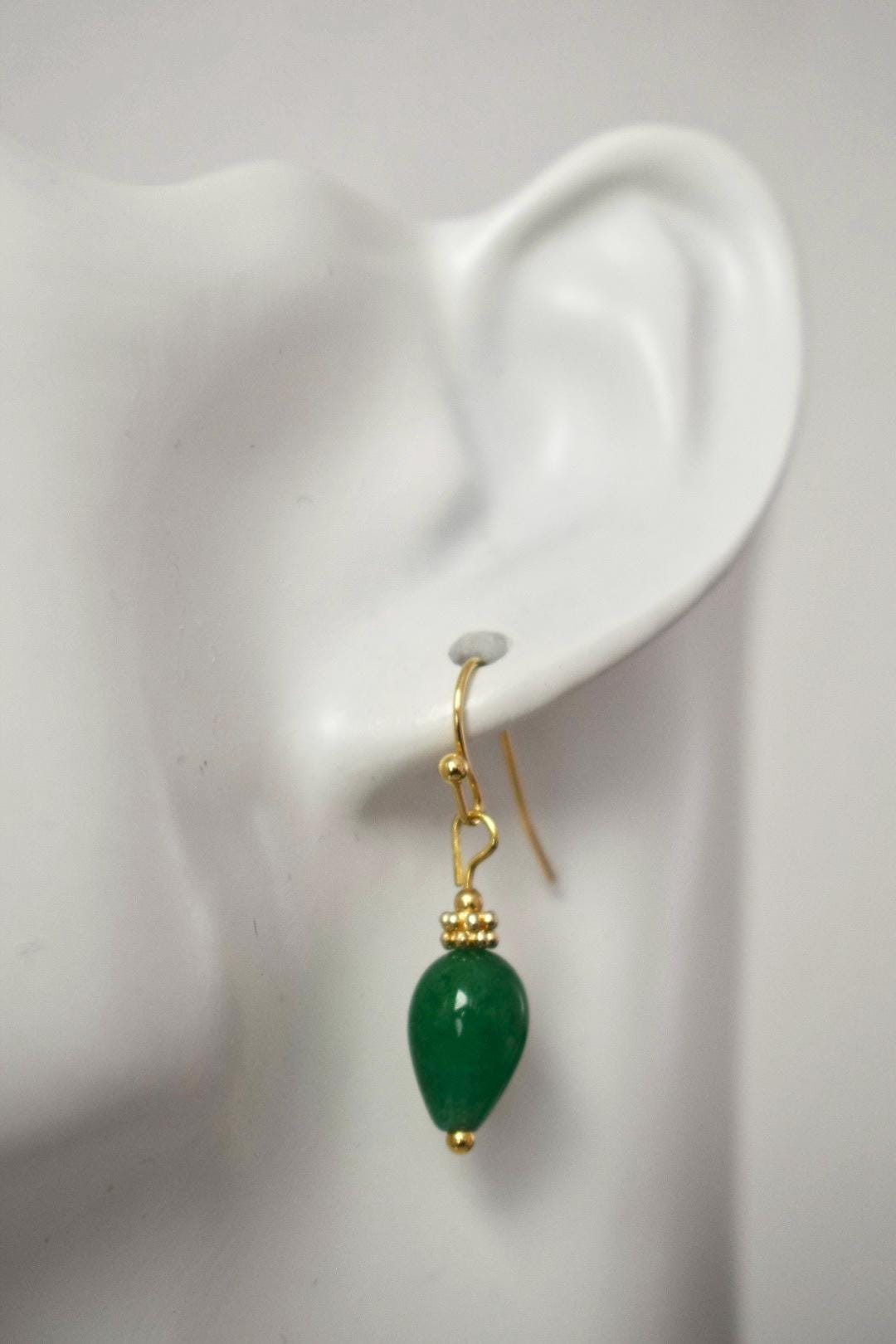 Green Jade Teardrop Earrings, Golden Gemstone Jewelry