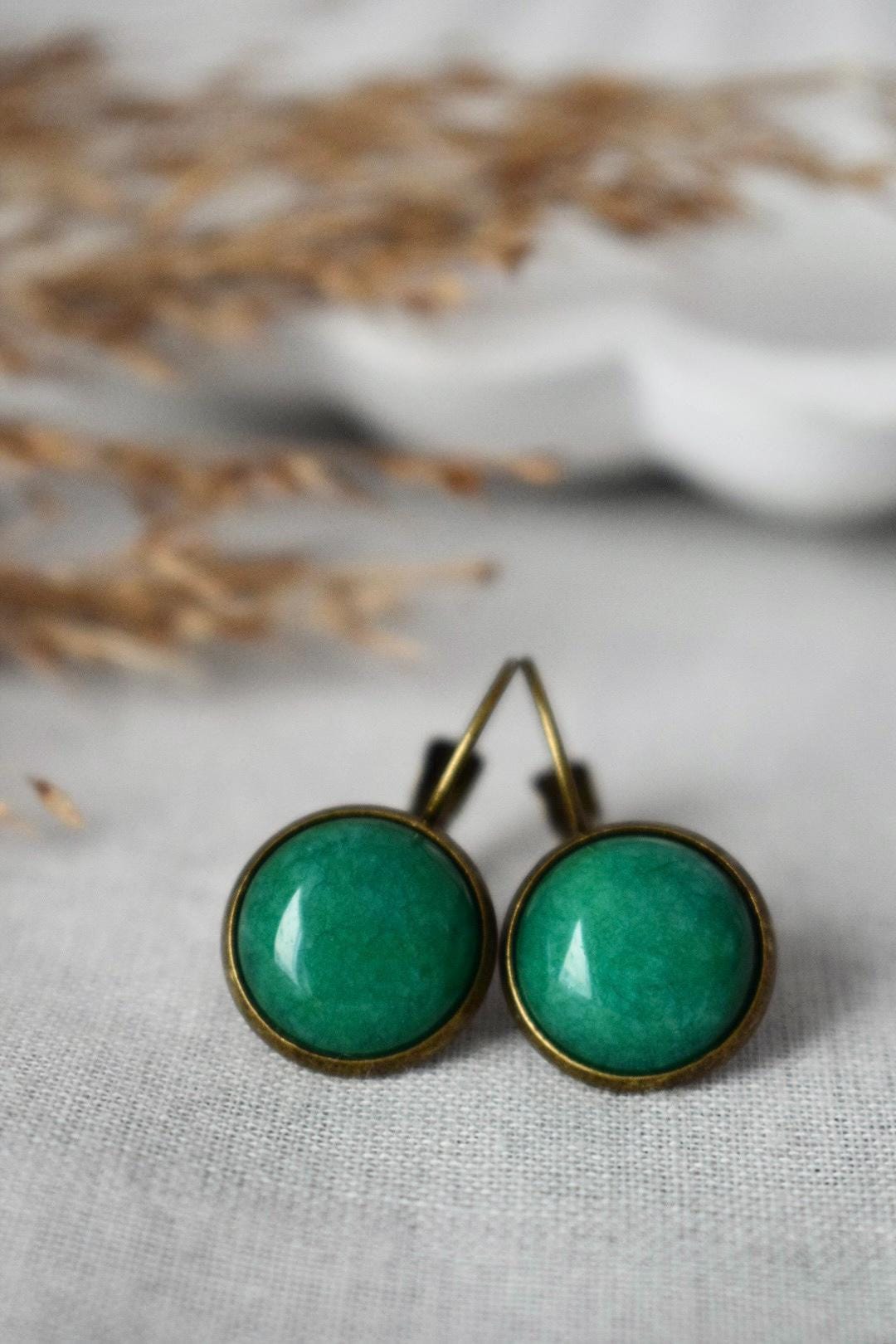 Green Jade Dangle Earrings, Vintage Gemstone Earrings, Jewelry Gift For Her