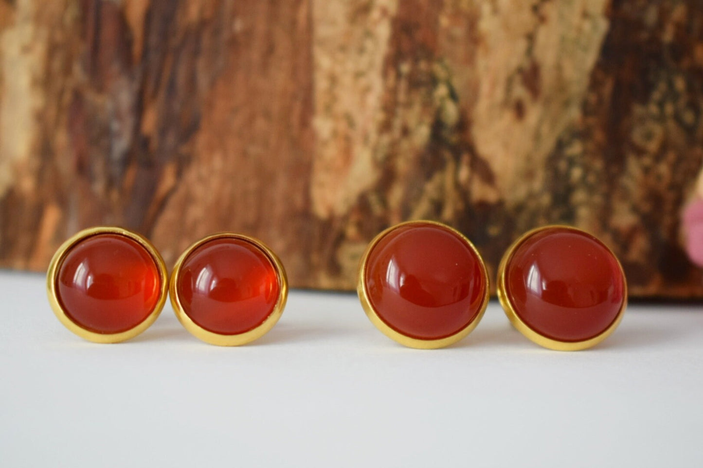 Carnelian Stud Earrings: 18k gold plated Gemstone Round Red Orange jewelry