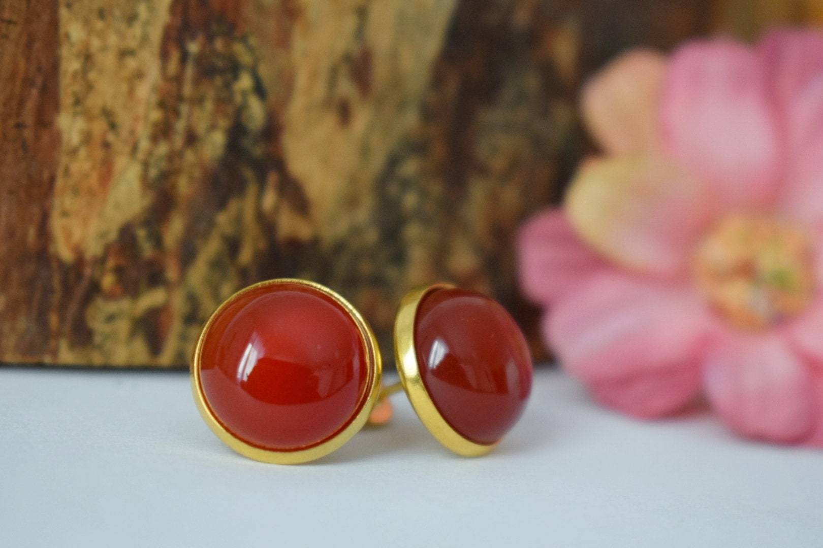 Carnelian Stud Earrings: 18k gold plated Gemstone Round Red Orange jewelry