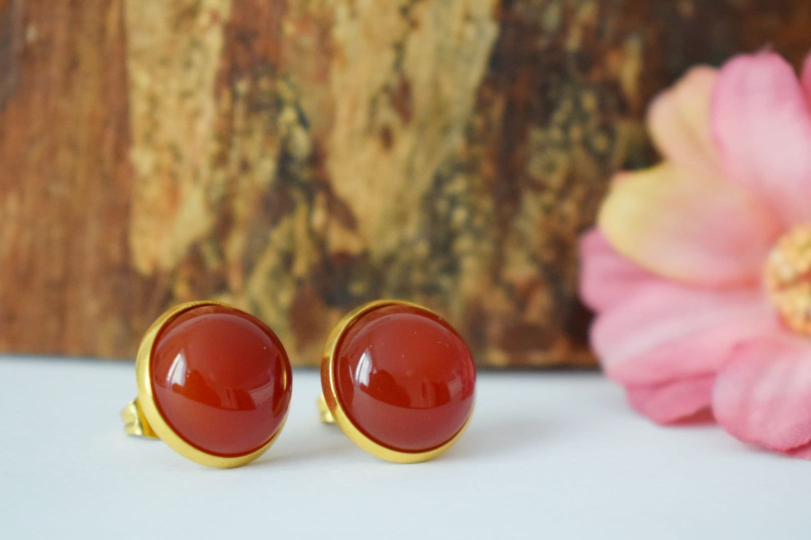 Carnelian Stud Earrings: 18k gold plated Gemstone Round Red Orange jewelry