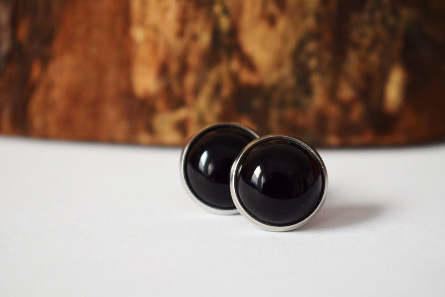 Black agate stud earrings, Gemstone Stainless steel Unisex Jewelry