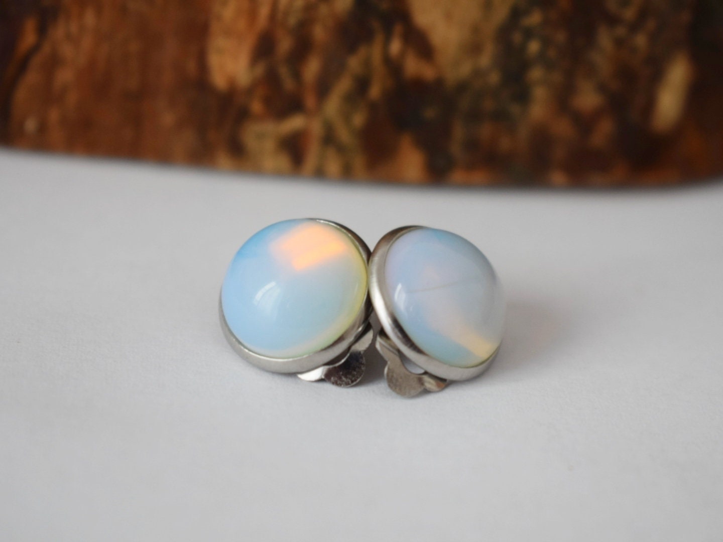 Moonstone Opalite Clip On Earrings: Stainless Steel Gemstone Clips Jewelry