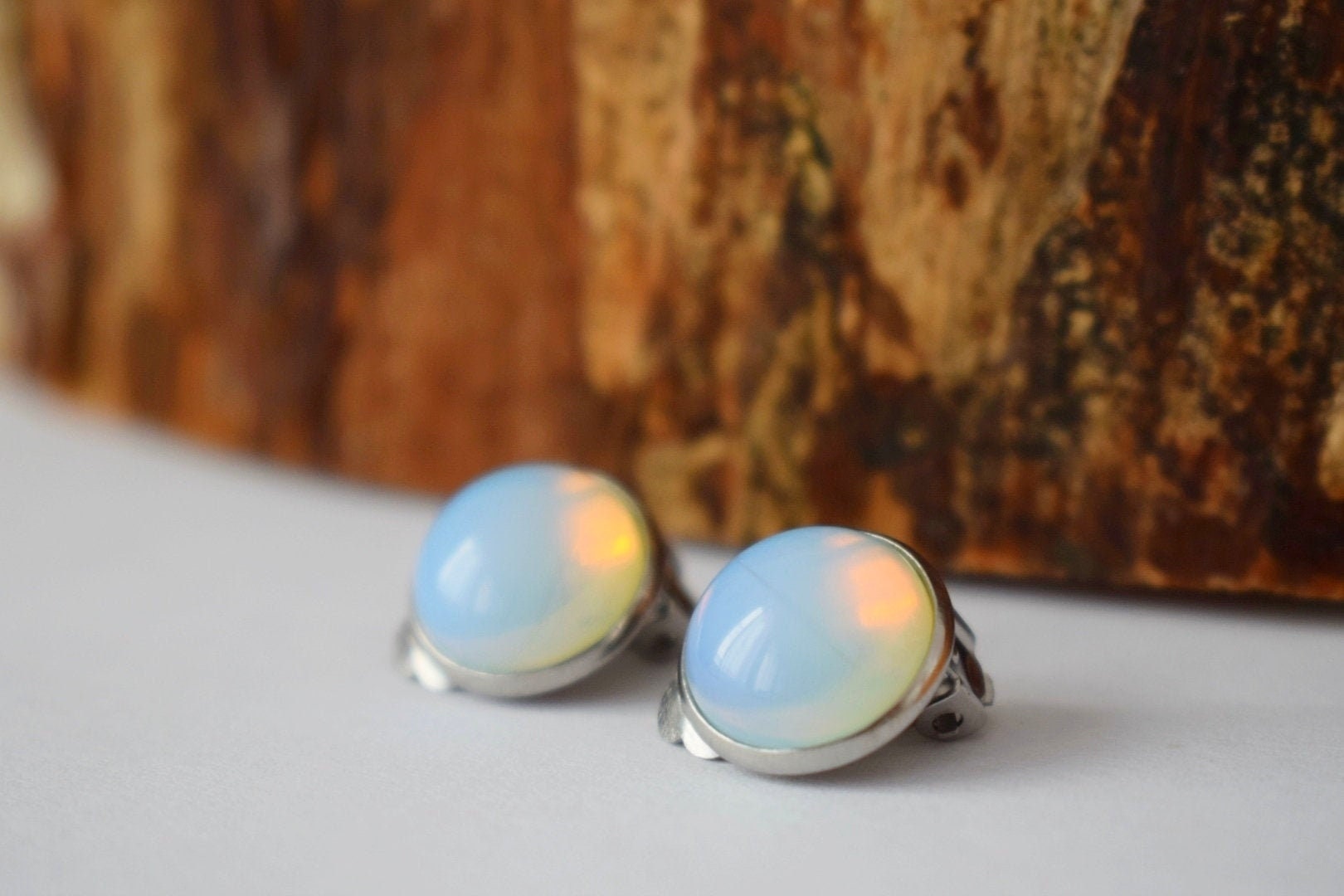 Moonstone Opalite Clip On Earrings: Stainless Steel Gemstone Clips Jewelry