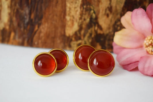 Carnelian Stud Earrings: 18k gold plated Gemstone Round Red Orange jewelry