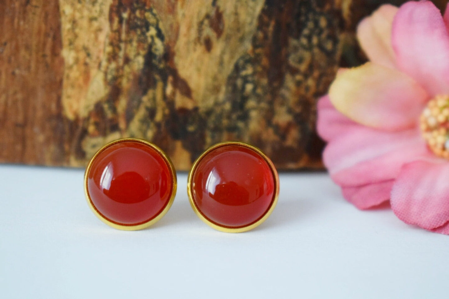 Carnelian Stud Earrings: 18k gold plated Gemstone Round Red Orange jewelry