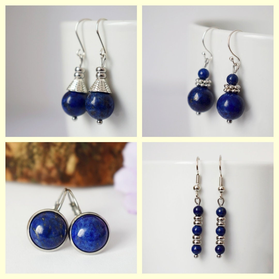Ohrringe Lapislazuli Silber, Edelstein blaue Perle, Creolen, Lever Back, September Geburtsstein, Hängende Kugelsteinohrringe, Schmuckgeschenk für Sie