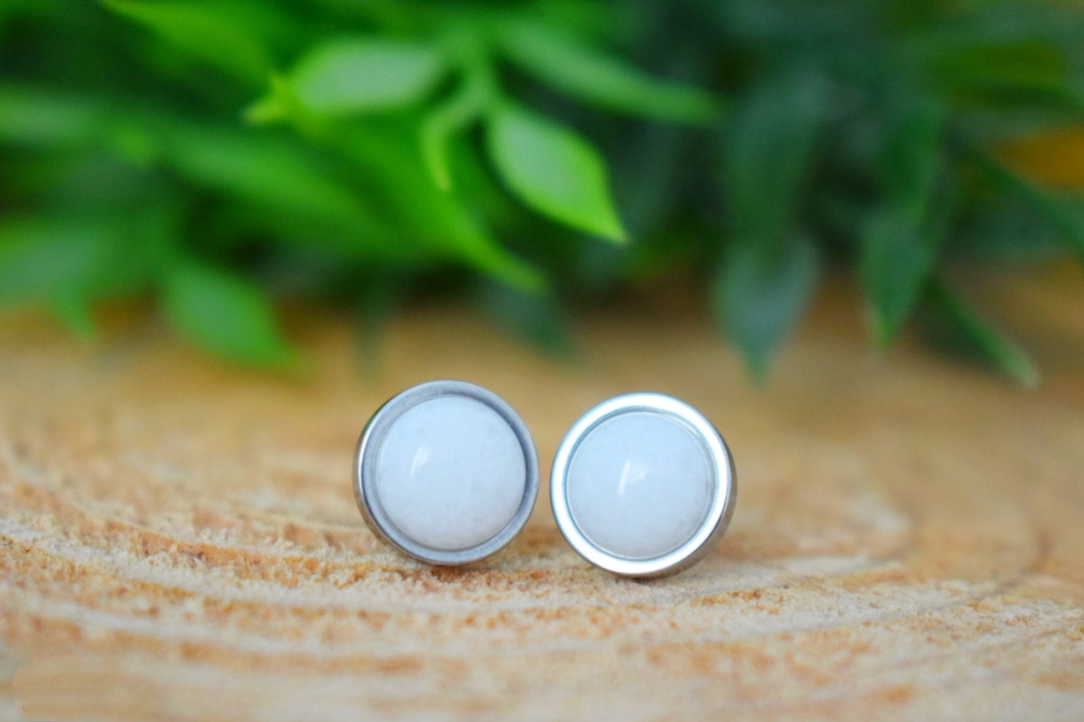 White jade stud earrings, Small round gemstone push-back earrings, Stainless steel post earrings, Minimalist jewelry, gift for her