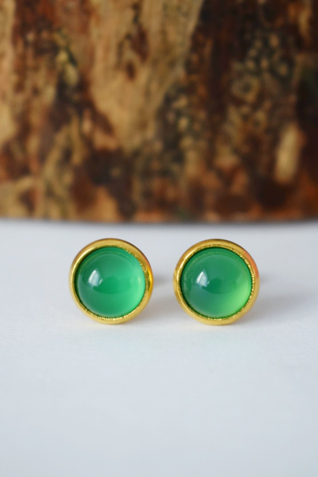 18k Gold Plated Green Agate Stud Earrings: Minimalist Gemstone Jewelry