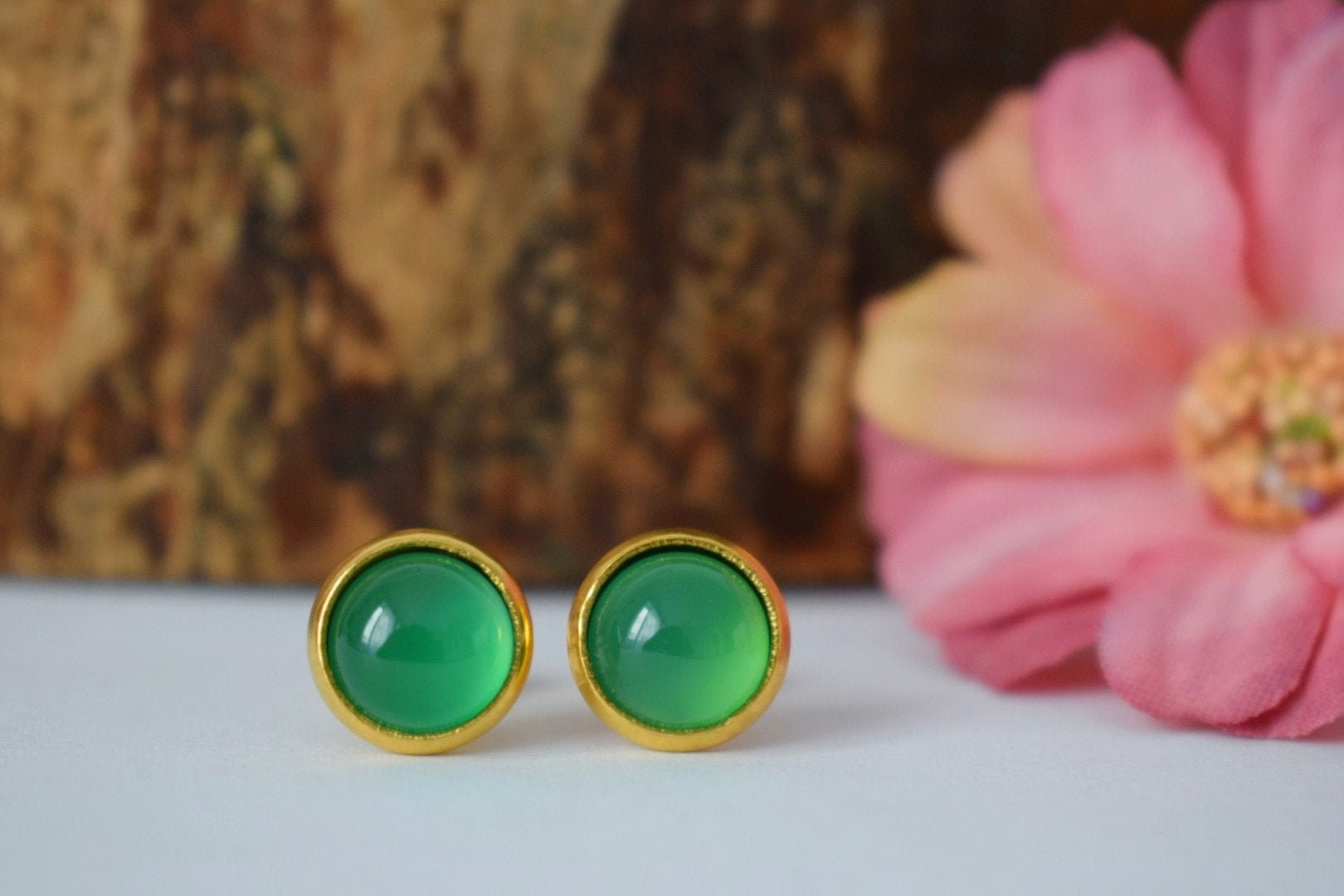 18k Gold Plated Green Agate Stud Earrings: Minimalist Gemstone Jewelry