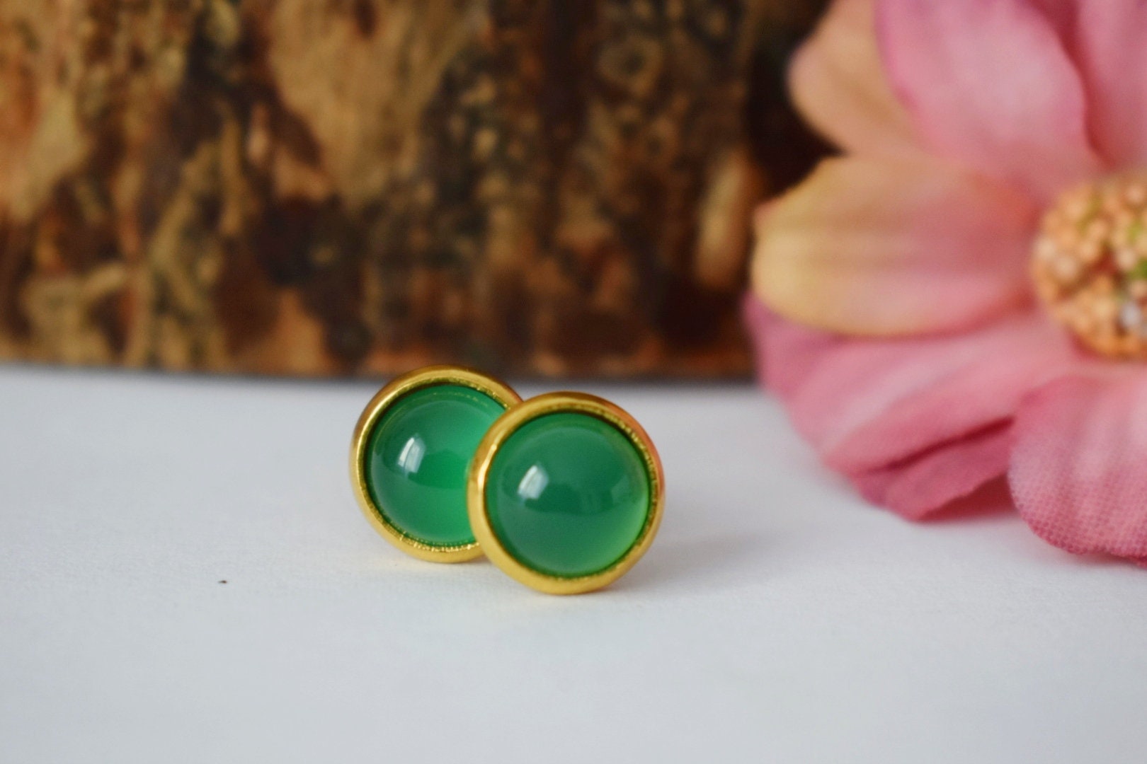 18k Gold Plated Green Agate Stud Earrings: Minimalist Gemstone Jewelry