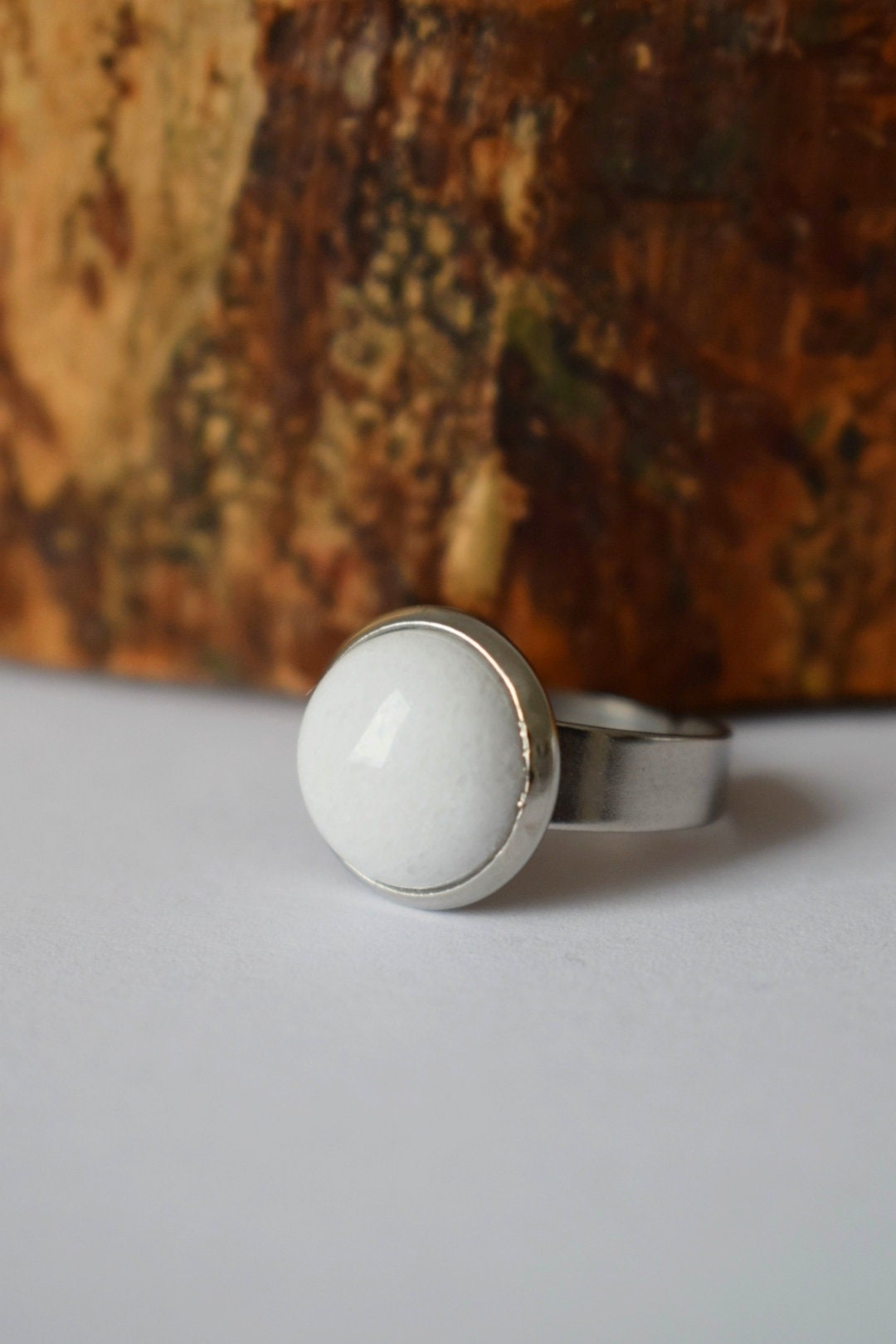 White Jade Ring: Adjustable Stainless Steel Gemstone Ring Jewelry