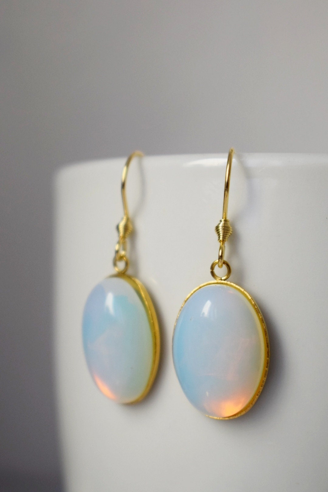 Oval Dangle Drop Earrings With Opalite Moonstone, Gemstone Earrings For Women, 18k Gold Plated Hooks, Wedding Jewelry, Bridesmaid Gift