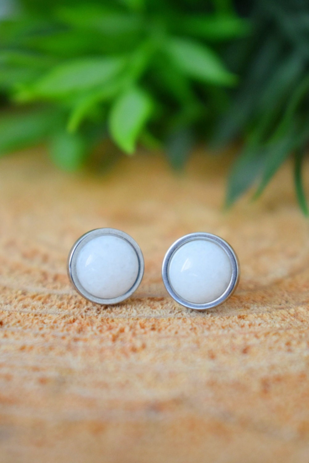 White jade stud earrings, Small round gemstone push-back earrings, Stainless steel post earrings, Minimalist jewelry, gift for her