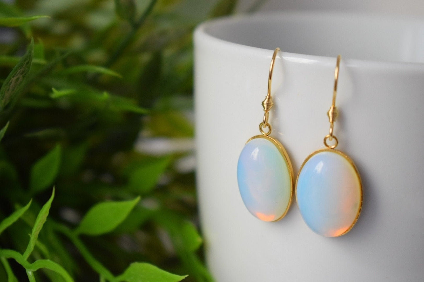 Oval Dangle Drop Earrings With Opalite Moonstone, Gemstone Earrings For Women, 18k Gold Plated Hooks, Wedding Jewelry, Bridesmaid Gift