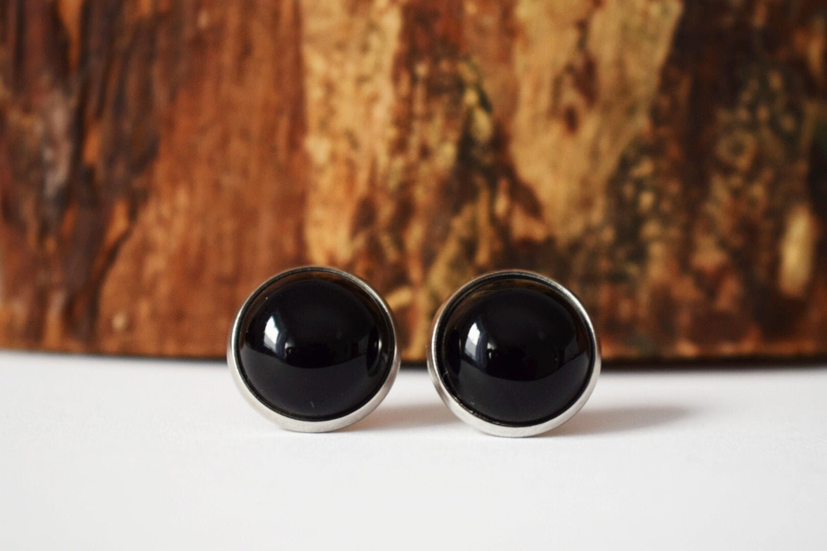 Black agate stud earrings, Gemstone Stainless steel Unisex Jewelry