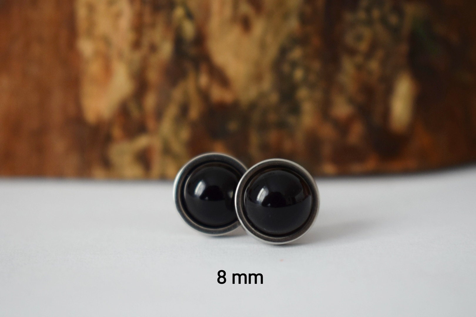 Black agate stud earrings, Gemstone Stainless steel Unisex Jewelry
