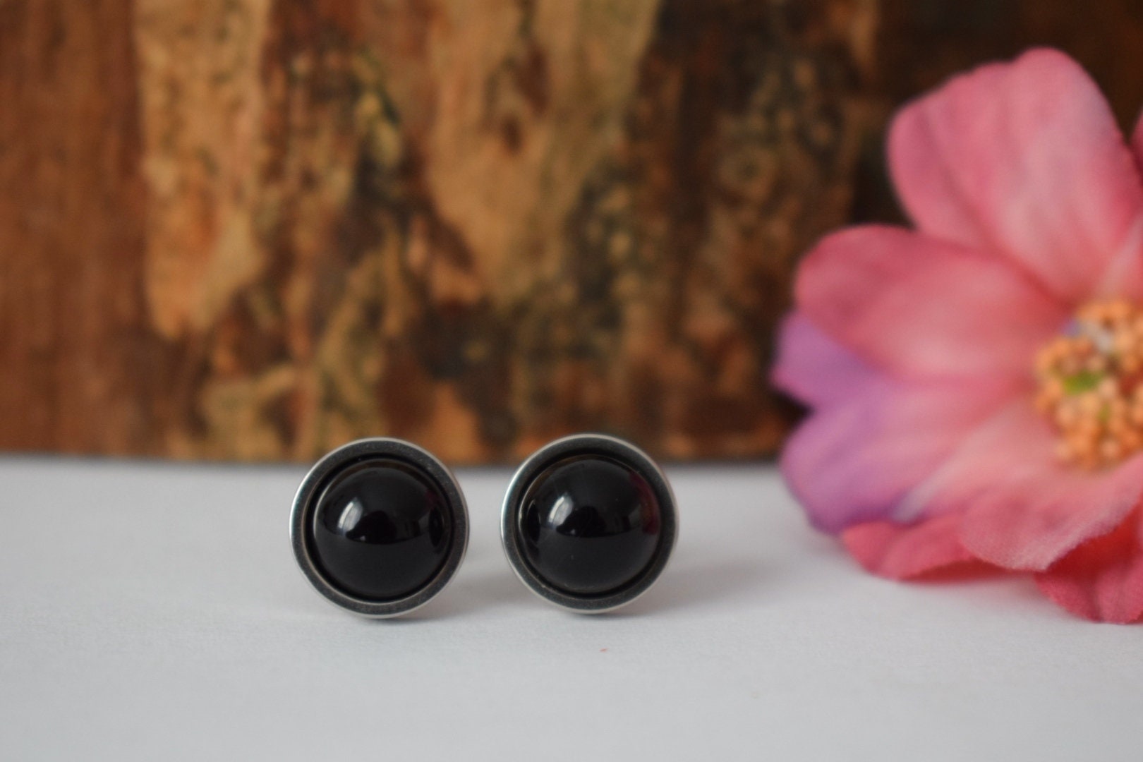 Black agate stud earrings, Gemstone Stainless steel Unisex Jewelry