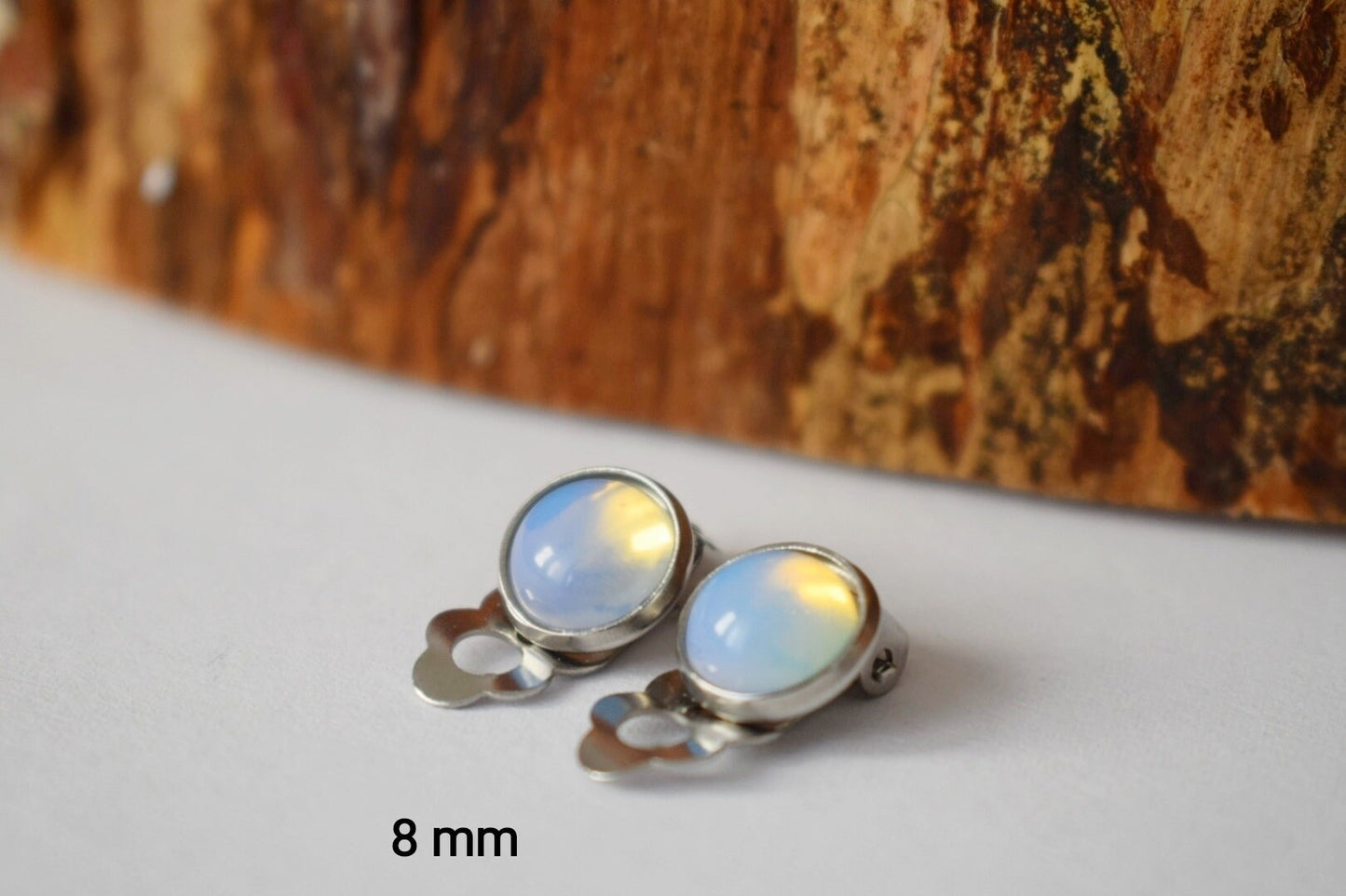 Moonstone Opalite Clip On Earrings: Stainless Steel Gemstone Clips Jewelry