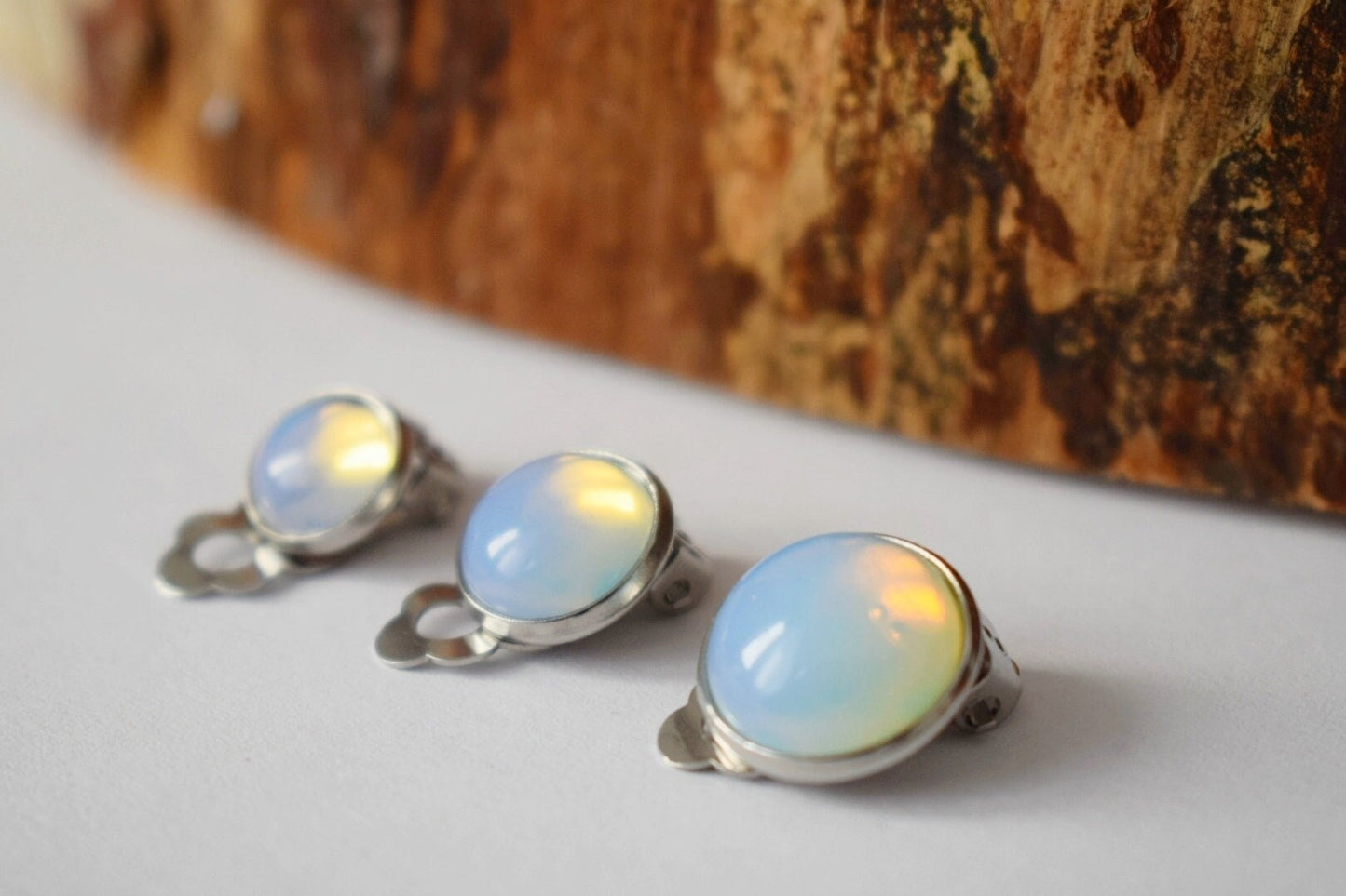 Moonstone Opalite Clip On Earrings: Stainless Steel Gemstone Clips Jewelry