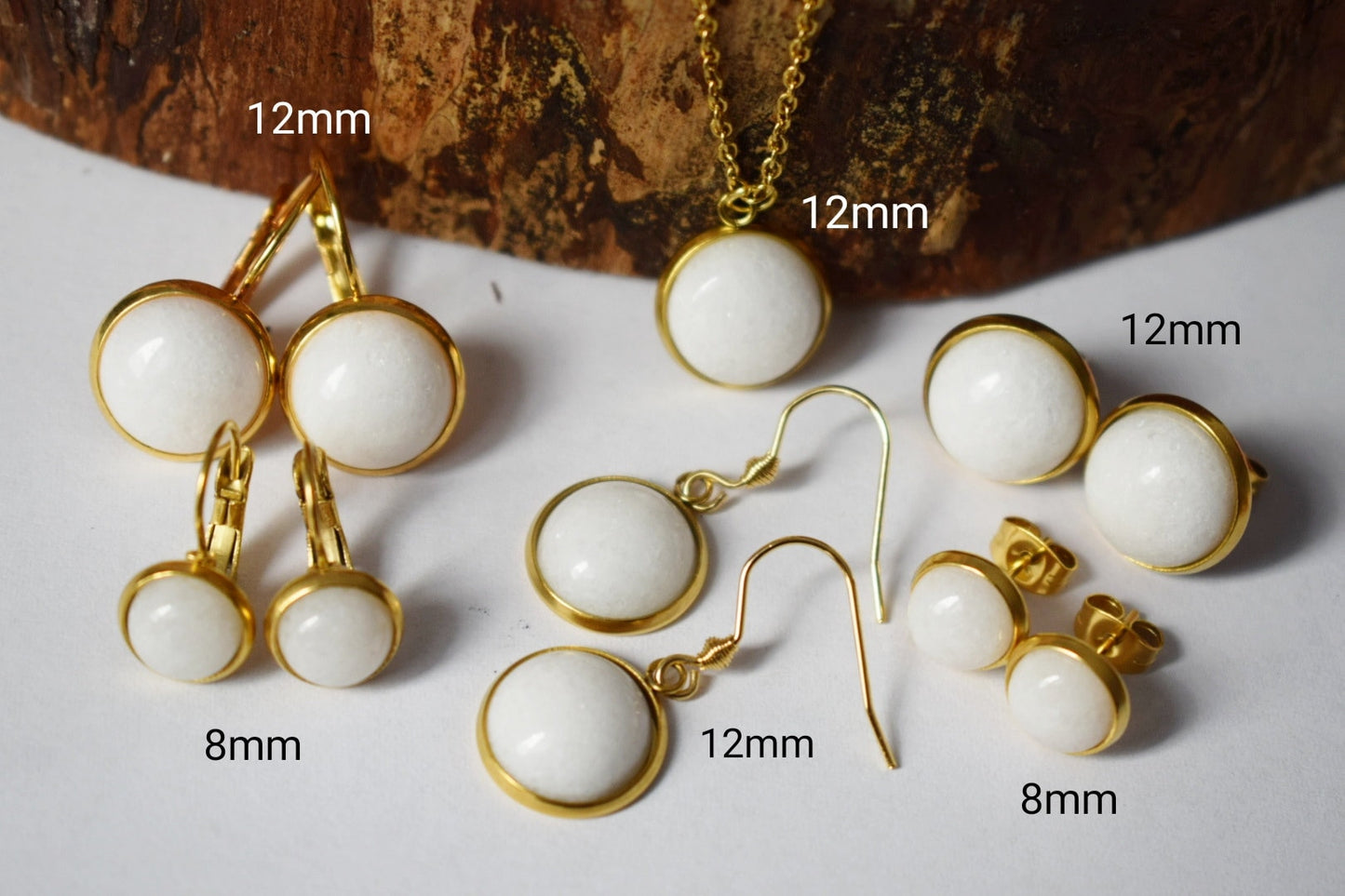 White jade stud earrings, 18k Gold Plated, Minimalist Gemstone jewelry, Gift For Her