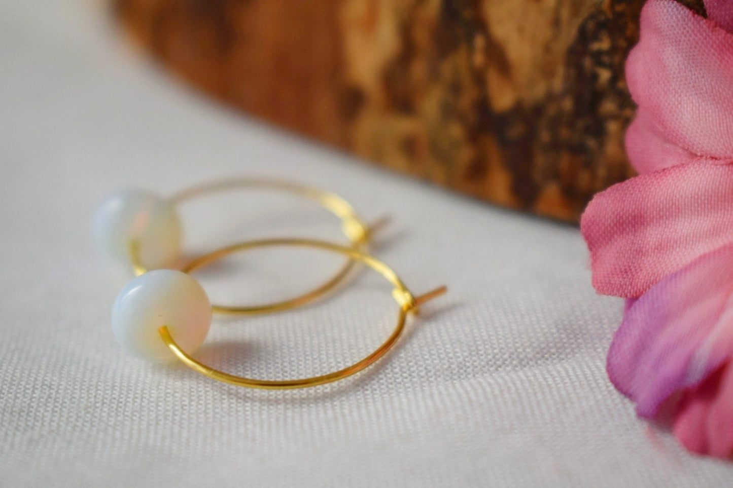 Opalite Hoop Earrings Gold, Opalite moonstone, Gemstone 20mm Hoops, Minimalist jewelry, 18k gold plated stainless steel, Gift For Her