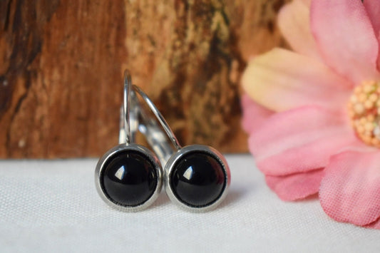 Black Agate Dangle Earrings: Stainless Steel Lever Back, Lightweight Earrings , Unisex Gemstone Jewelry, Gift for her,