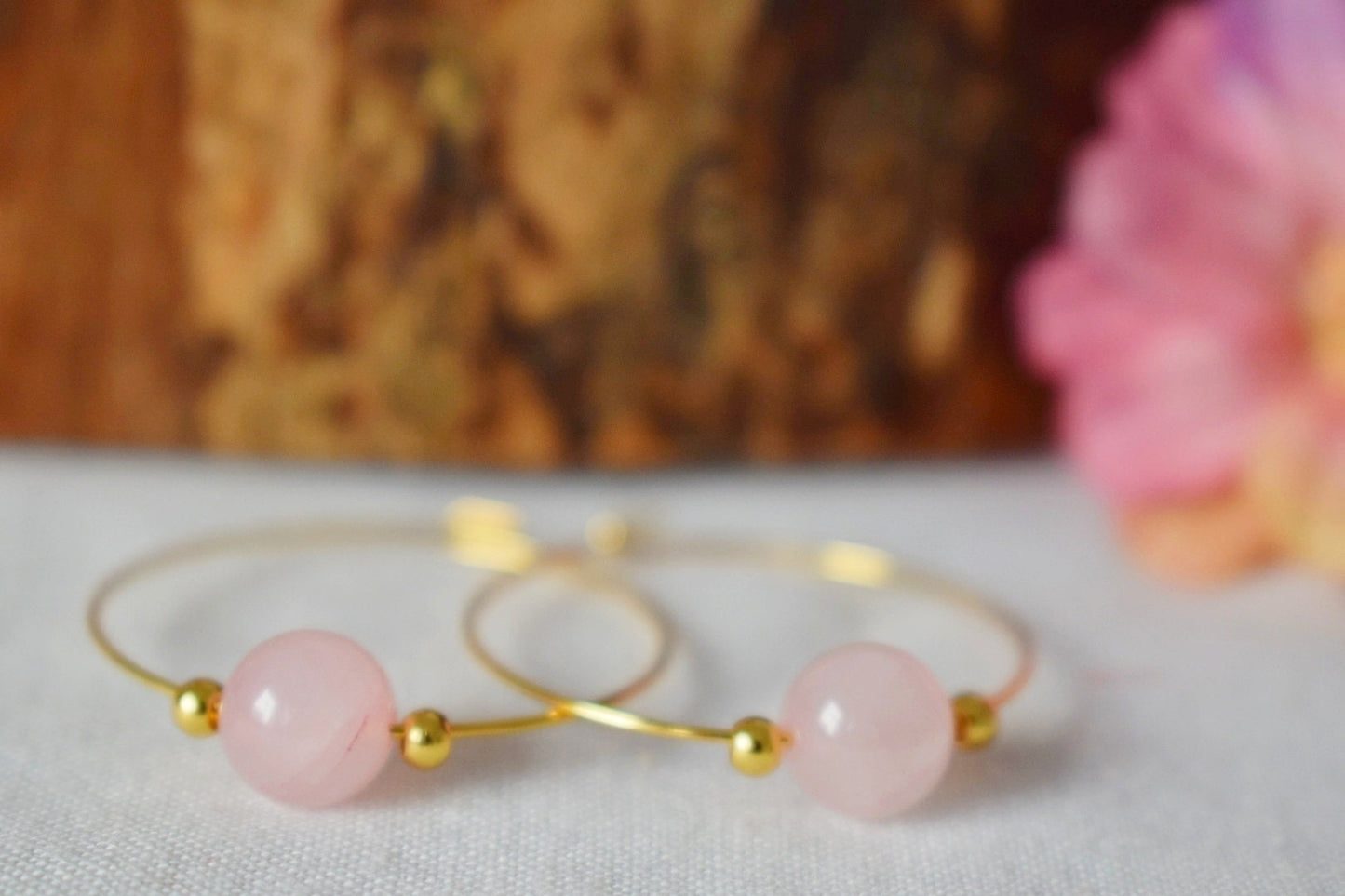 Rosenquarz Creolen, 18 Karat vergoldete chirurgische Edelstahl Creolen, Edelsteinperlen Schmuck, Geschenk für sie, Bestes Valentinstagsgeschenk