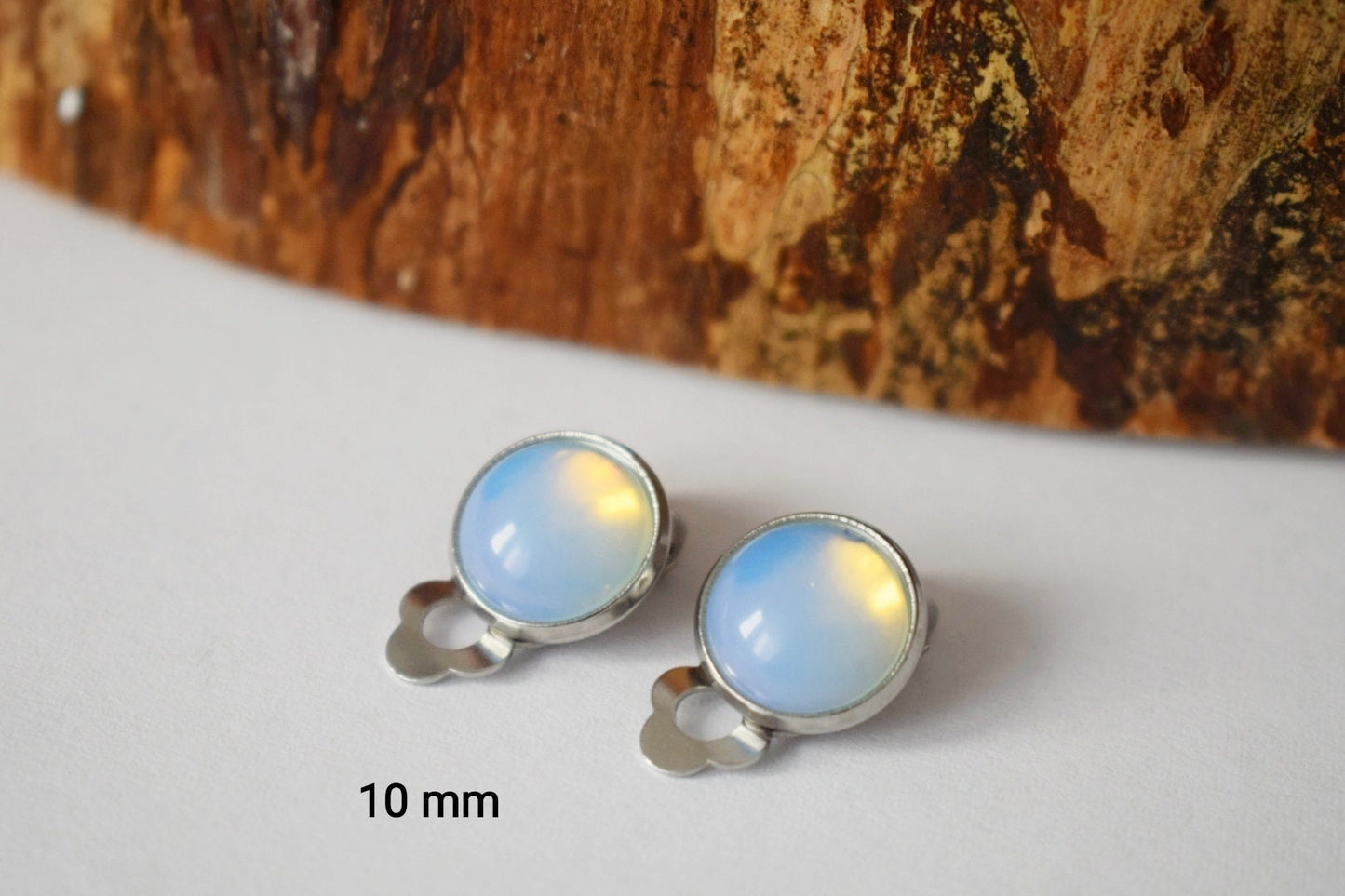 Moonstone Opalite Clip On Earrings: Stainless Steel Gemstone Clips Jewelry