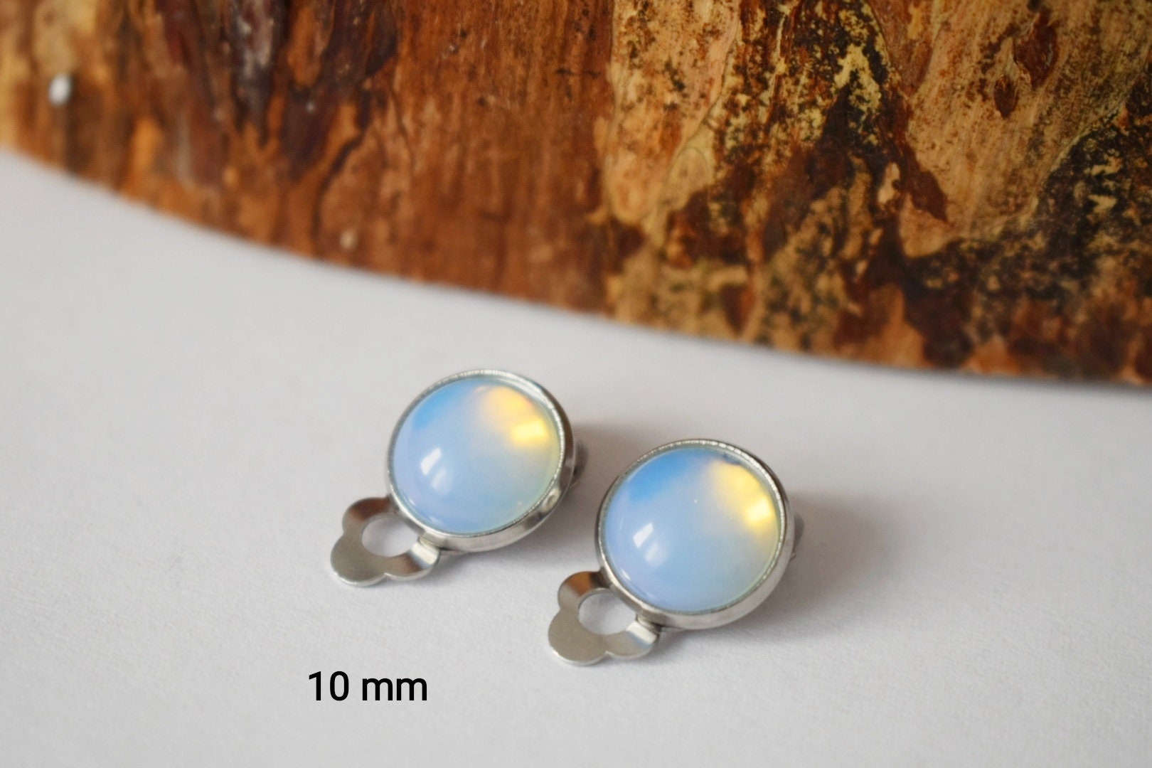 Moonstone Opalite Clip On Earrings: Stainless Steel Gemstone Clips Jewelry