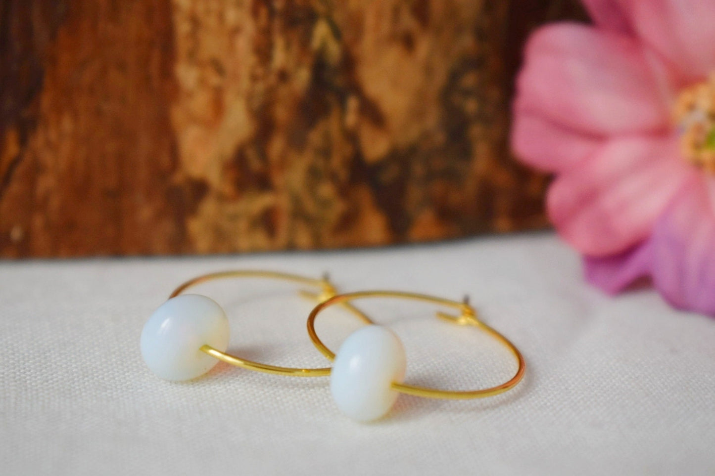 Opalite Hoop Earrings Gold, Opalite moonstone, Gemstone 20mm Hoops, Minimalist jewelry, 18k gold plated stainless steel, Gift For Her