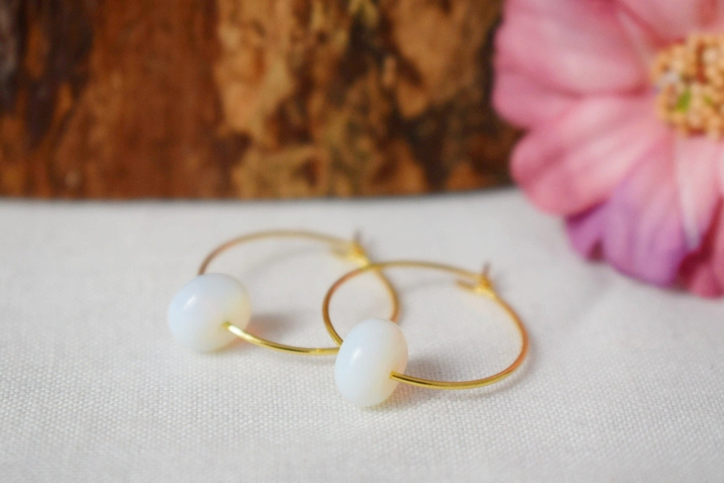 Opalite Hoop Earrings Gold, Opalite moonstone, Gemstone 20mm Hoops, Minimalist jewelry, 18k gold plated stainless steel, Gift For Her