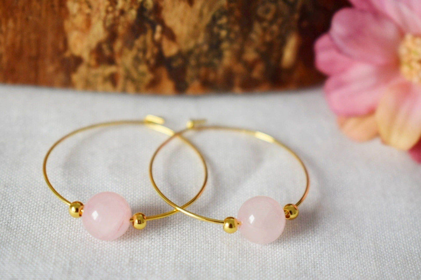 Rosenquarz Creolen, 18 Karat vergoldete chirurgische Edelstahl Creolen, Edelsteinperlen Schmuck, Geschenk für sie, Bestes Valentinstagsgeschenk