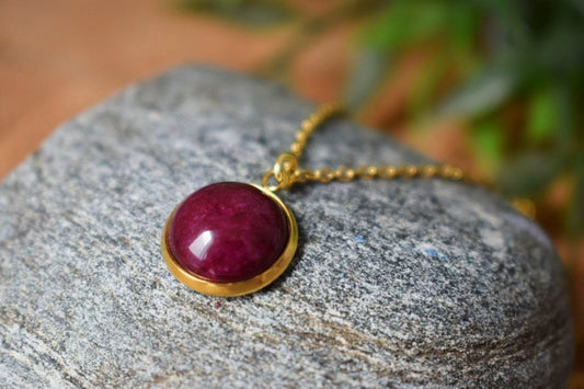 Red jade necklace, Wine red Gemstone, 18k Gold Plated Stainless Steel jewelry