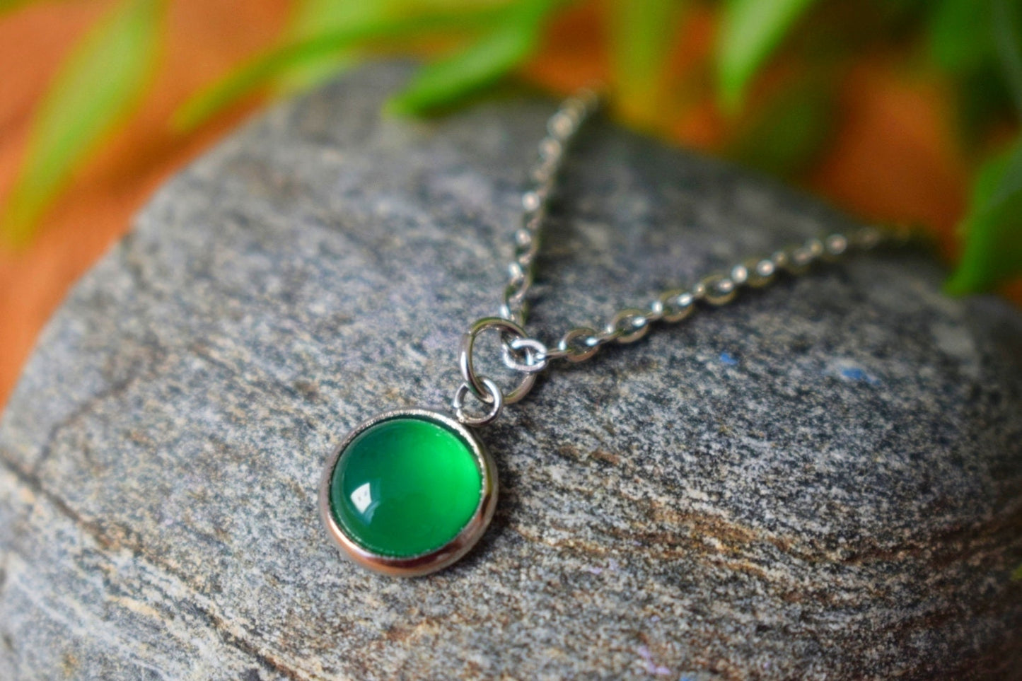 Green Agate Necklace: Gemstone Pendant, Minimalist Stainless Steel Jewelry