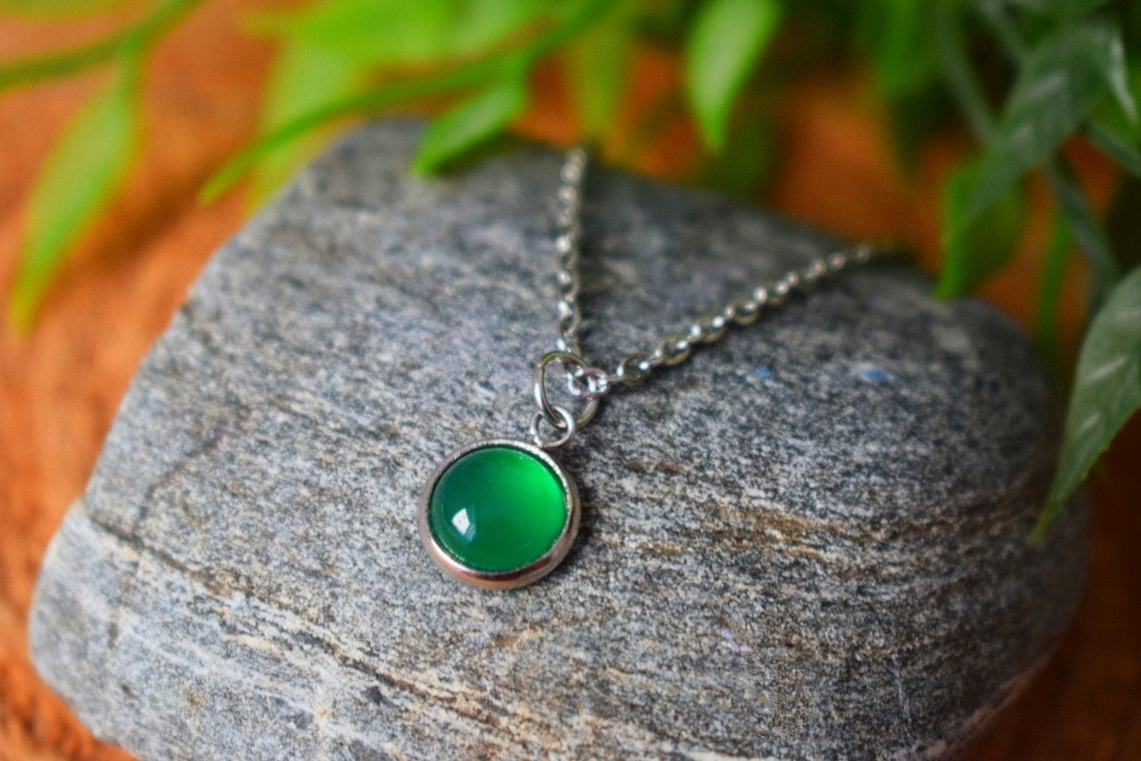 Green Agate Necklace: Gemstone Pendant, Minimalist Stainless Steel Jewelry