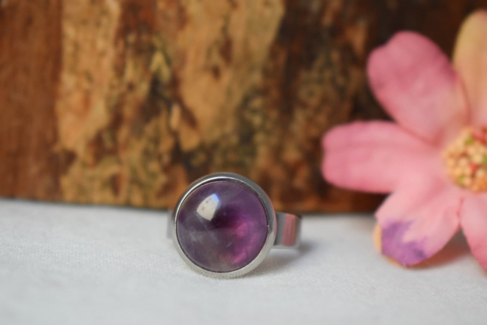 Amethyst Ring: Stainless Steel Adjustable Purple Crystal Jewelry, Gift for her