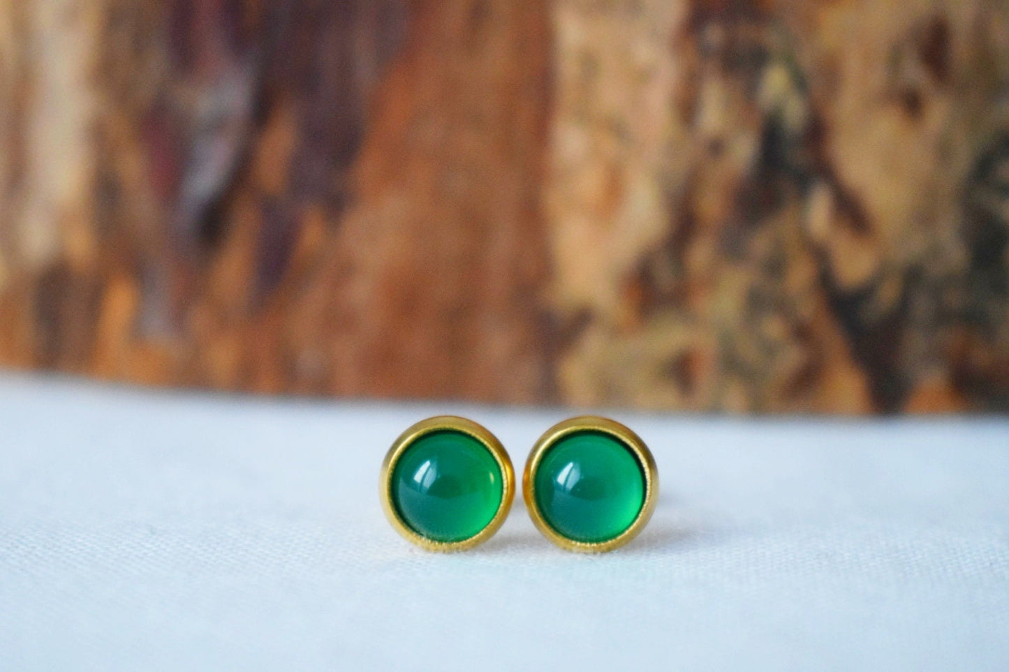 18k Gold Plated Green Agate Stud Earrings: Minimalist Gemstone Jewelry