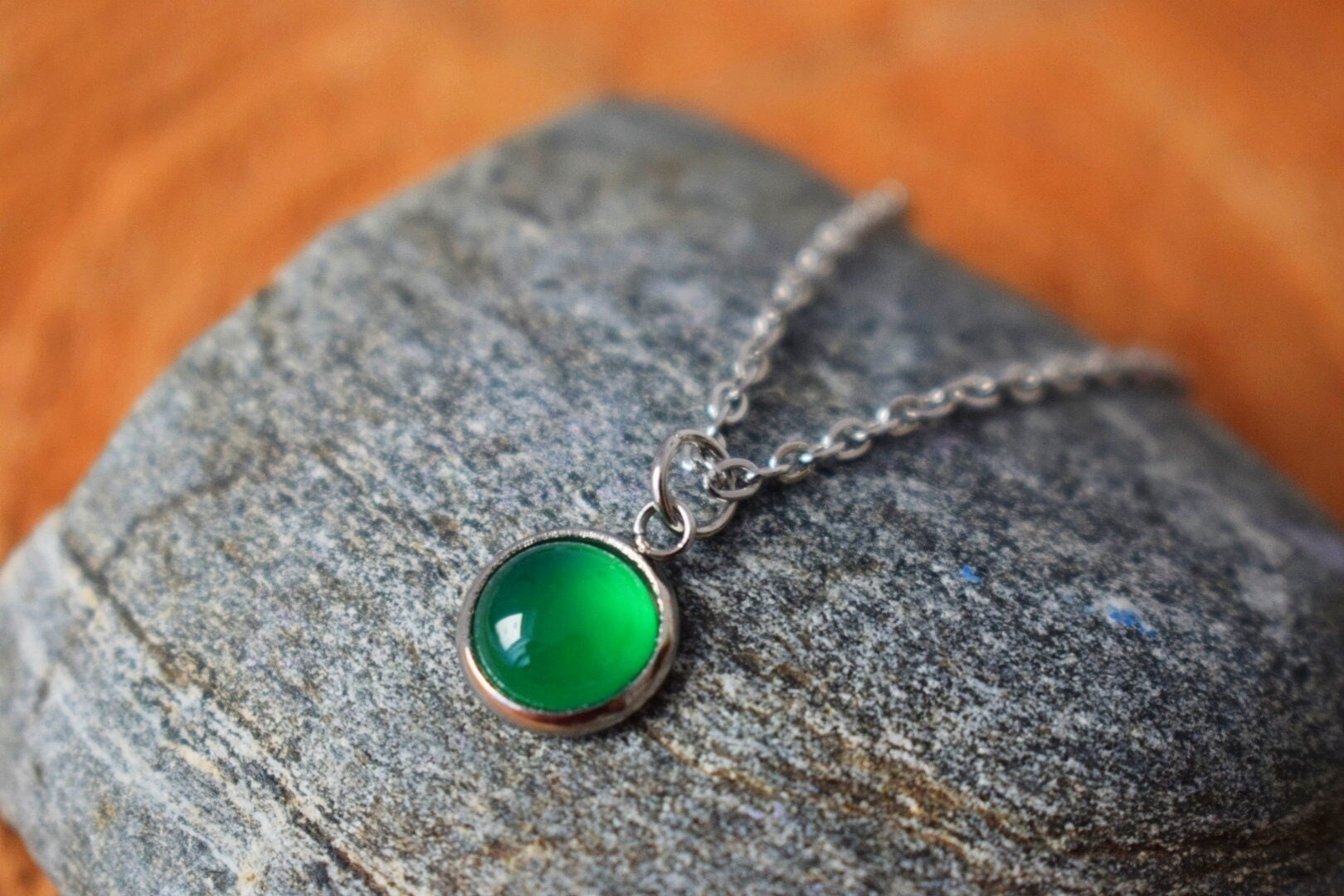 Green Agate Necklace: Gemstone Pendant, Minimalist Stainless Steel Jewelry
