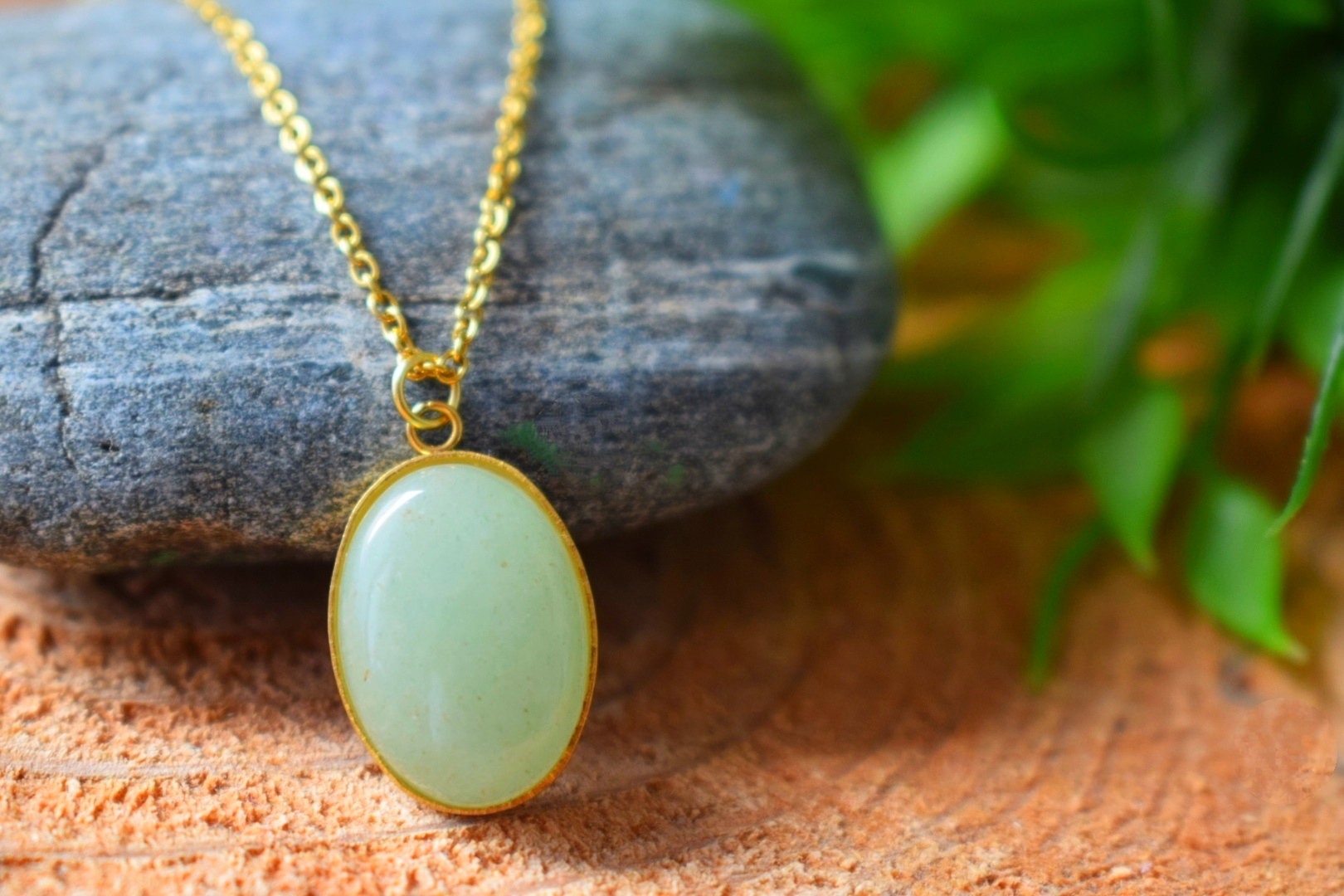 Green Aventurine Necklace: Gold Oval Gemstone Pendant, Handmade