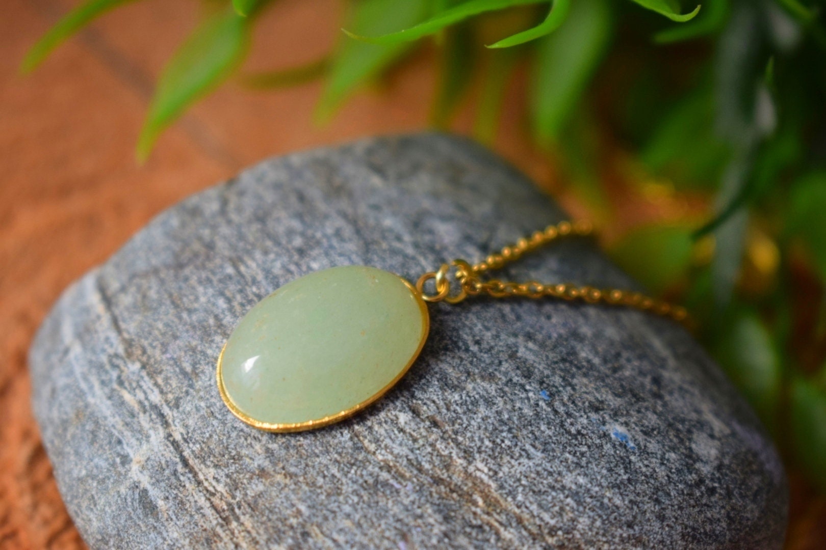 Green Aventurine Necklace: Gold Oval Gemstone Pendant, Handmade