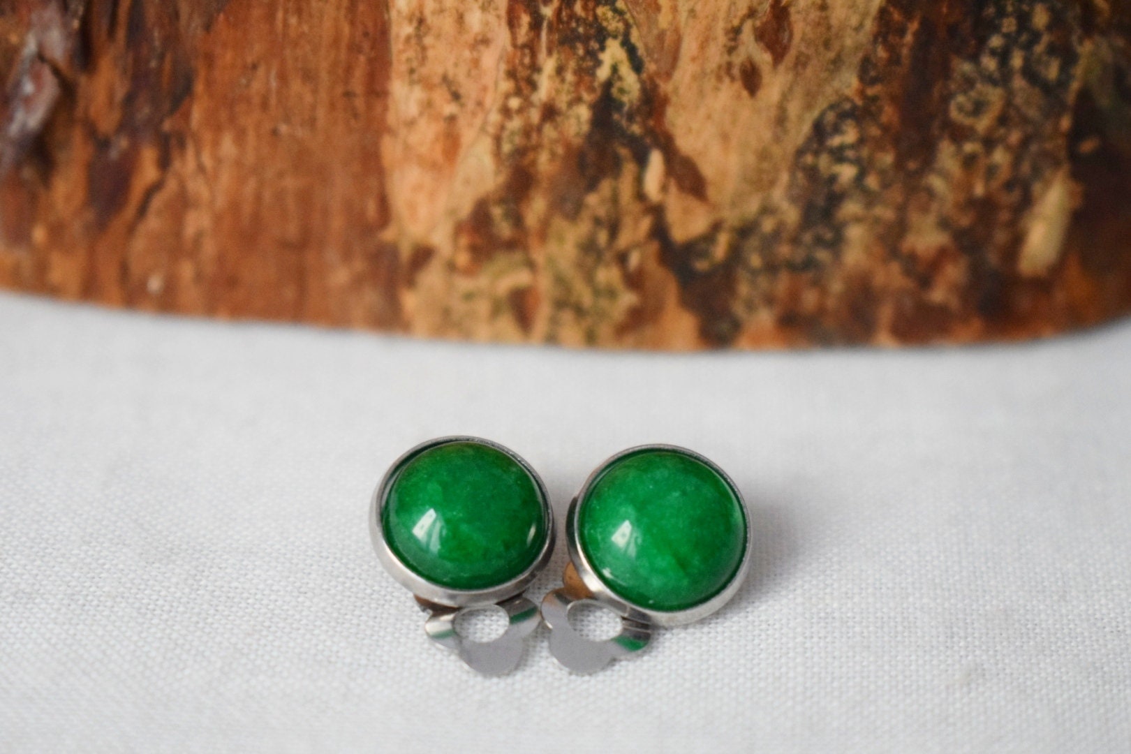 Green Jade Clip On Earrings, 10mm Gemstone Clips